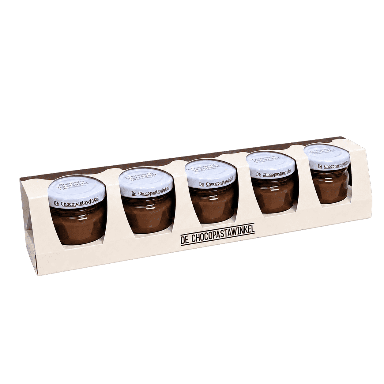5 verschillende chocopasta's in klein formaat in cadeauverpakking.