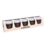 5 verschillende chocopasta's in klein formaat in cadeauverpakking.